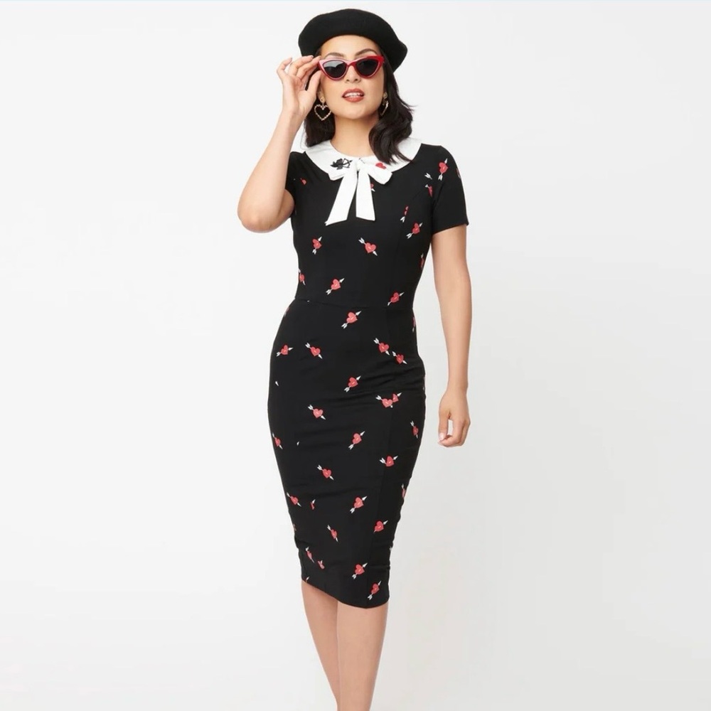 Unique Vintage Renata Black & Pierced Heart
Pencil Dress